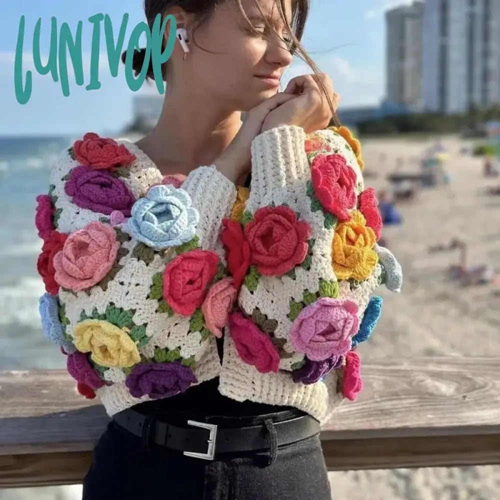 Lunivop Knitted Cardigan Women Autumn Hollow Out Splice Flower Short Sweater Vest Women's Street Fashion Vitage Sweater Woman New Seamless Knitted Crochet