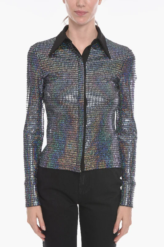 Chiara Ferragni MIRROR PARTY Shirt with Hidden Placket 40 Italian size-- Fitted T-Shirt Seamless Stretchy Chiara Ferragni MIRROR PARTY Shirt with Hidden Placket 40 Italian size-- Fitted T-Shirt Seamless Stretchy