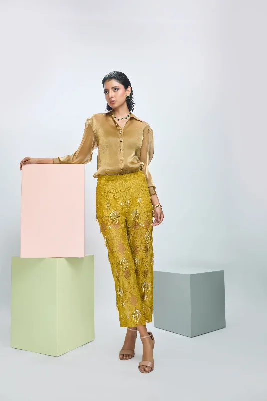 Organza Shirt with Full Sleeves with Embroidered Pants and Slip-- Chenille Brocade Lace Organza Shirt with Full Sleeves with Embroidered Pants and Slip-- Chenille Brocade Lace