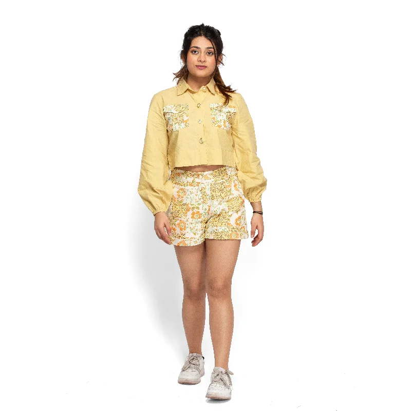 NOZ2TOZ Women's shorts with crop shirt - Yellow-- Houndstooth Herringbone Solid