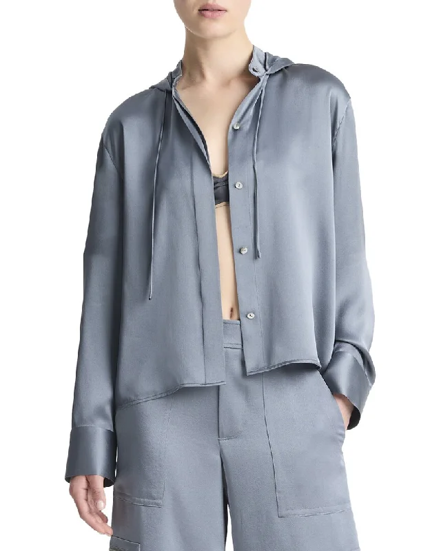 Vince Hooded Button-Down Silk Shirt-- Fitted T-Shirt Seamless Stretchy