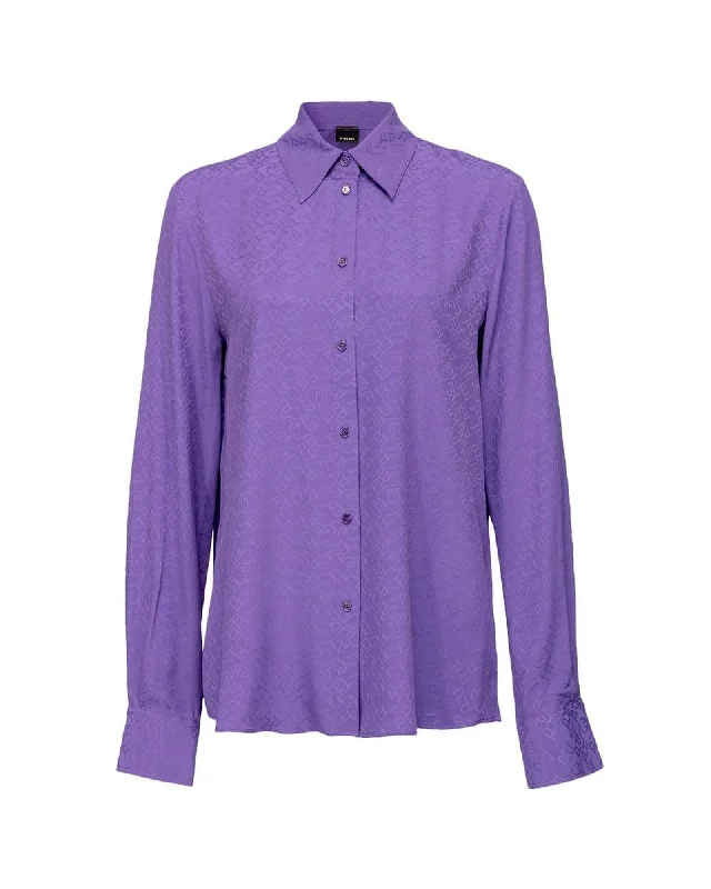 PINKO Jacquard Silk Shirt with All-Over Logo Design-- Ribbed Striped Patterned