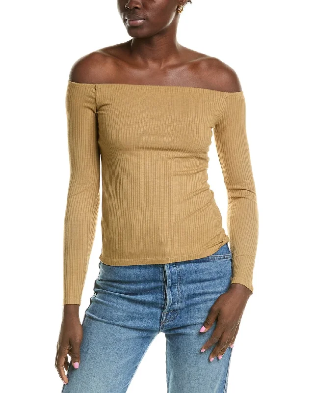 Enza Costa Off-The-Shoulder Shirt-- Striped Floral Plaid
