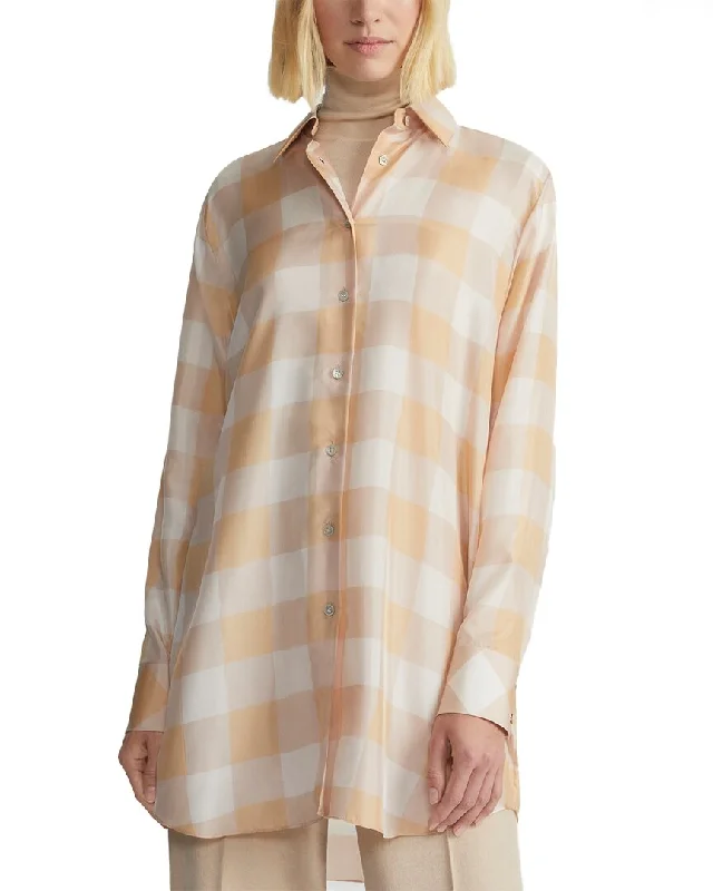 Lafayette 148 New York Button Front Oversized Long Silk Shirt-- Real Fur Shearling Chenille