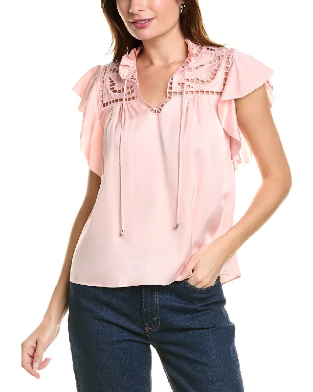 Elie Tahari Embroidered Silk-Blend Shirt-- Thin T-Shirt Open Front Quick Dry