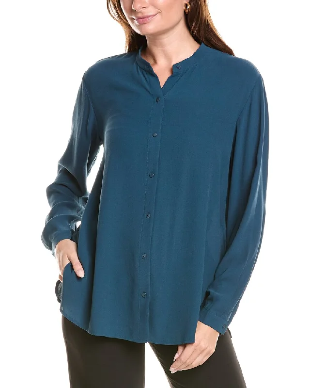 Eileen Fisher Mandarin Collar Silk Boxy Shirt-- Sequined Glittery Shiny