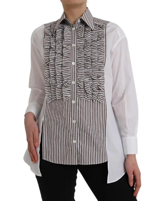 Dolce & Gabbana Striped Cotton Shirt with Ruffles - White-- Zippered Front Buttoned Front Snap Front Dolce & Gabbana Striped Cotton Shirt with Ruffles - White-- Zippered Front Buttoned Front Snap Front