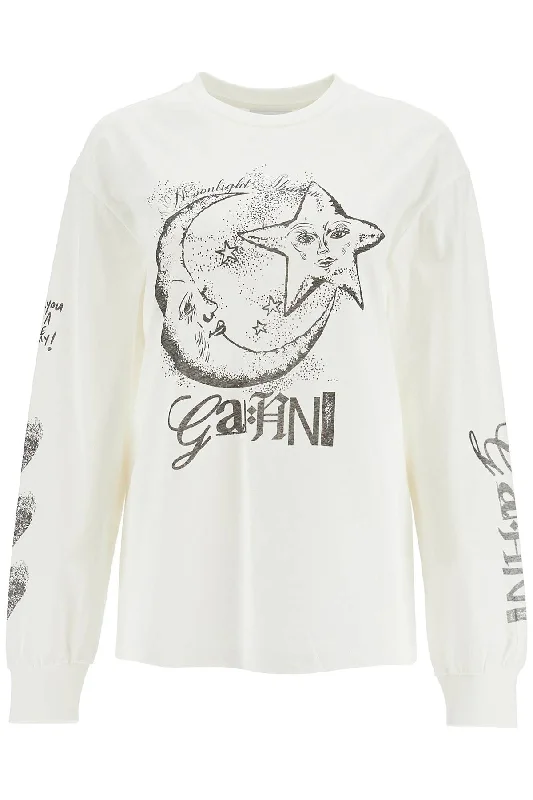 Ganni Women's Long-Sleeved T-Shirt With Graphic Print-- Mesh Fabric Canvas Fabric Denim Fabric Ganni Women's Long-Sleeved T-Shirt With Graphic Print-- Mesh Fabric Canvas Fabric Denim Fabric