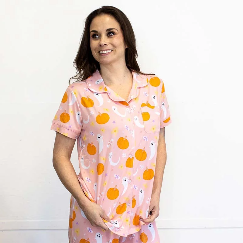 Women's Boo To You Short Sleeve Pajama Shirt-- Collared Crew Neck Turtle Neck