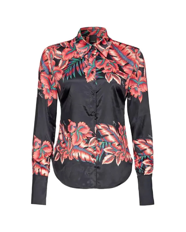PINKO Floral Print Satin Shirt with Button Closure-- Embroidered Appliqued Beaded