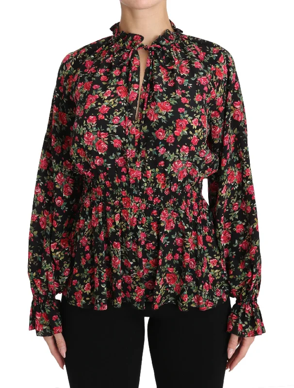 Dolce & Gabbana Elegant Black Floral Silk Women's Shirt-- Chenille Fabric Brocade Fabric Lace Fabric Dolce & Gabbana Elegant Black Floral Silk Women's Shirt-- Chenille Fabric Brocade Fabric Lace Fabric