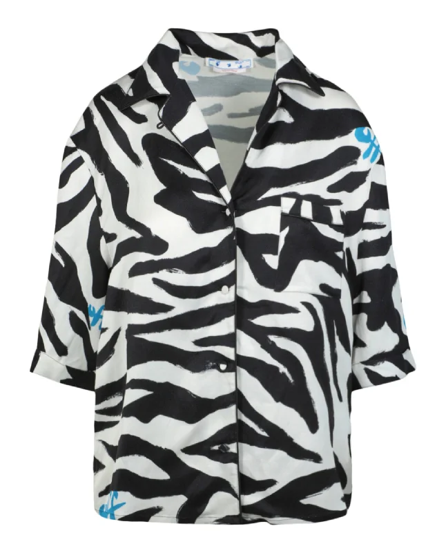 Off-White Womens Zebra Printed Short Sleeve Shirt-- Mesh Blend Leather Blend Suede Blend Off-White Womens Zebra Printed Short Sleeve Shirt-- Mesh Blend Leather Blend Suede Blend