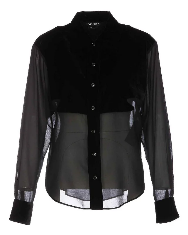 Tom Ford Womens Georgette Shirt In Black-- Collared Crew Neck Turtle Neck