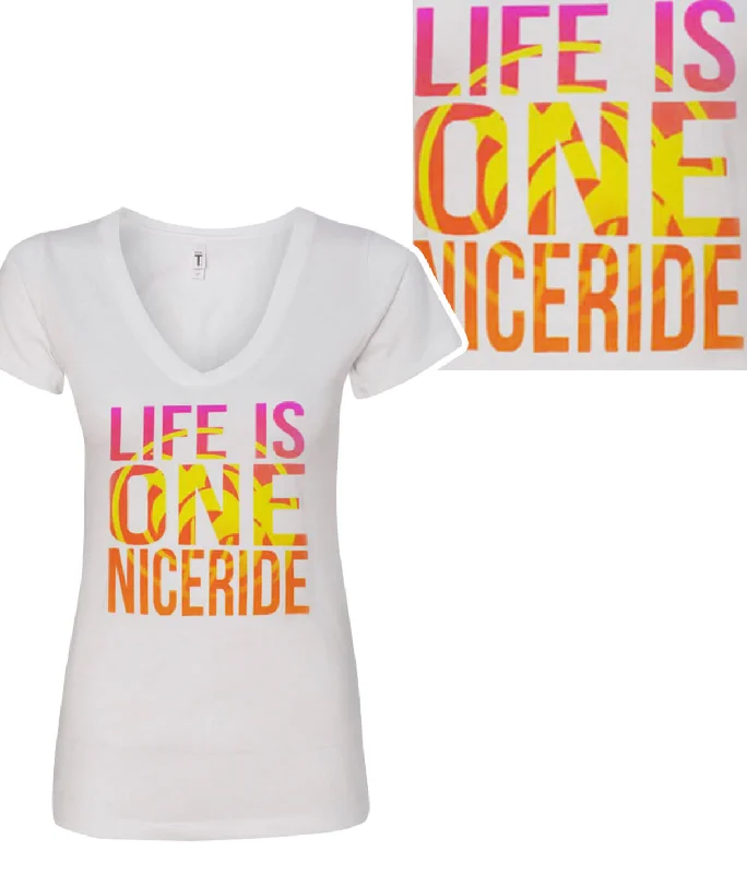 Endless Ride - Women's White Next Level Short Sleeve V- Neck Shirt-- Front Pockets Side Pockets Patch Pockets Endless Ride - Women's White Next Level Short Sleeve V- Neck Shirt-- Front Pockets Side Pockets Patch Pockets