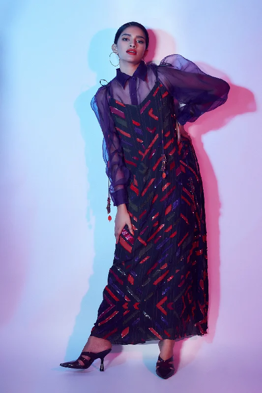 Deep Violet Shirt with Bishop Sleeves-- Beaded Sequined Faux Fur
