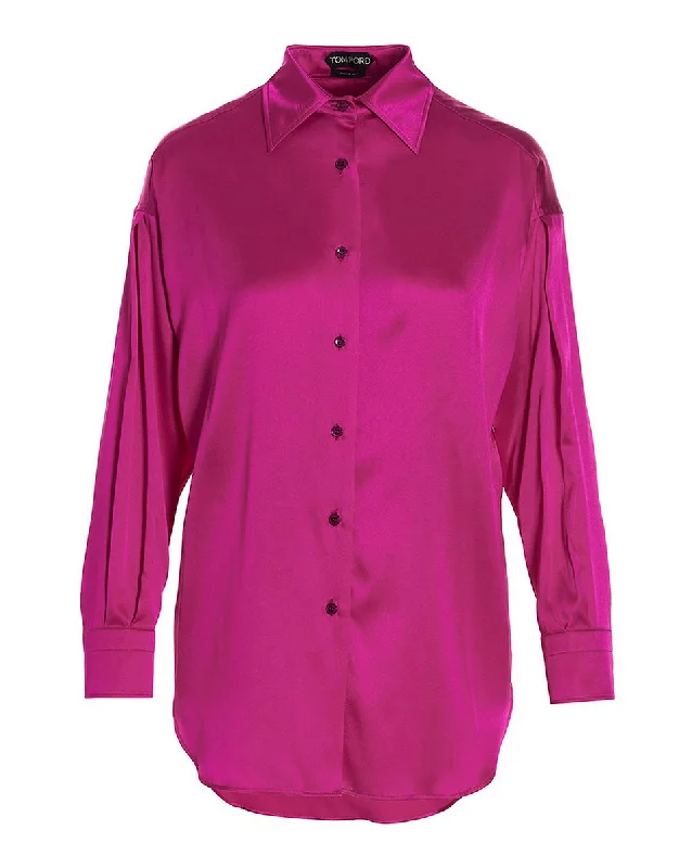 Tom Ford Womens Silk Satin Shirt In Pink-- Houndstooth Herringbone Solid