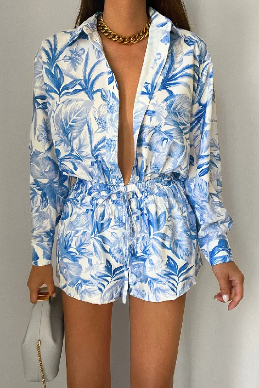 Kiah Shirt - Blue Floral-- Hooded Caped Shawl Collar