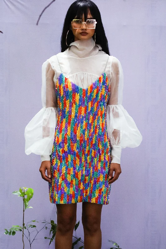 White Organza Tie-Up Puff Sleeve Shirt-- Plaid T-Shirt Polka Dot Checkered