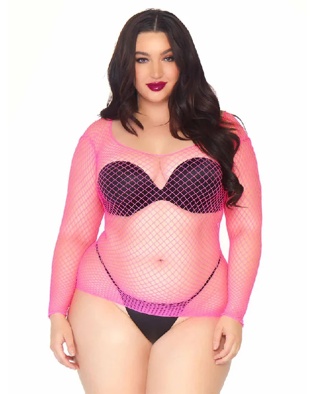 80s Neon Pink Spandex Long Sleeved Net Plus Size Womens Shirt-- Chenille Brocade Lace