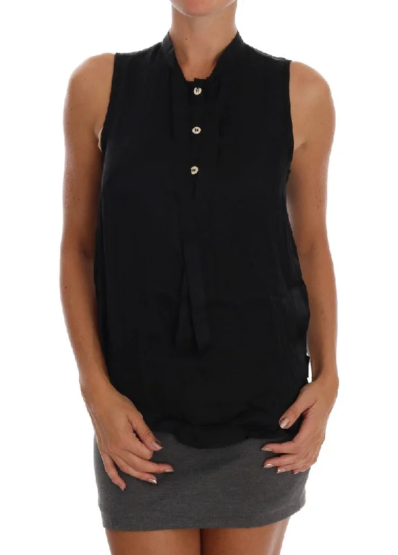 Versace Jeans Chic Sleeveless Black Shirt Women's Blouse-- Denim Fabric Leather Fabric Suede Fabric Versace Jeans Chic Sleeveless Black Shirt Women's Blouse-- Denim Fabric Leather Fabric Suede Fabric