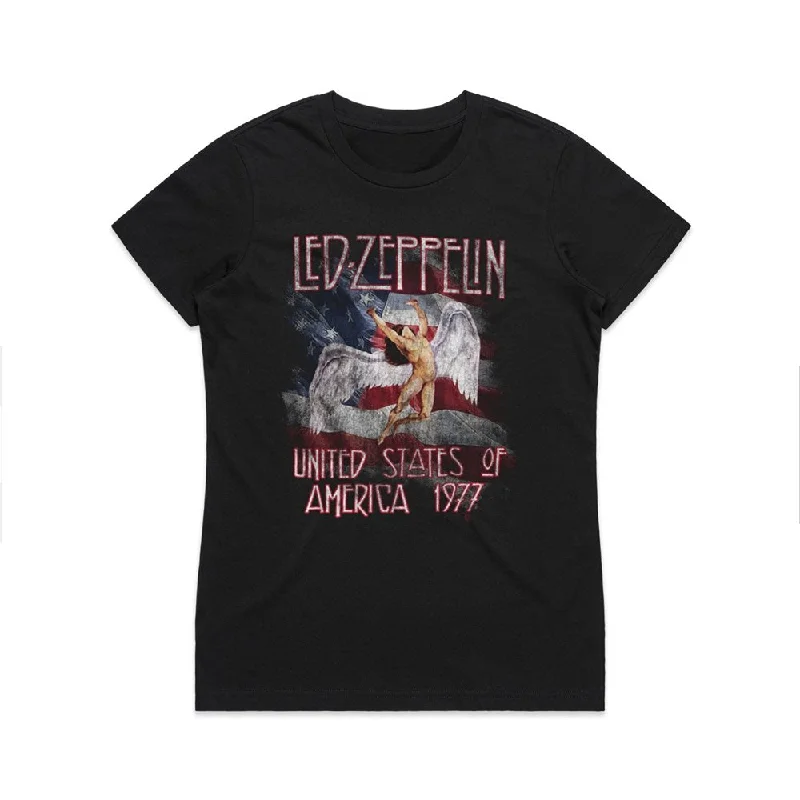Led Zeppelin - Stars N Stripes 1977 - Womens Black T-shirt-- Denim Fabric Leather Fabric Suede Fabric Led Zeppelin - Stars N Stripes 1977 - Womens Black T-shirt-- Denim Fabric Leather Fabric Suede Fabric