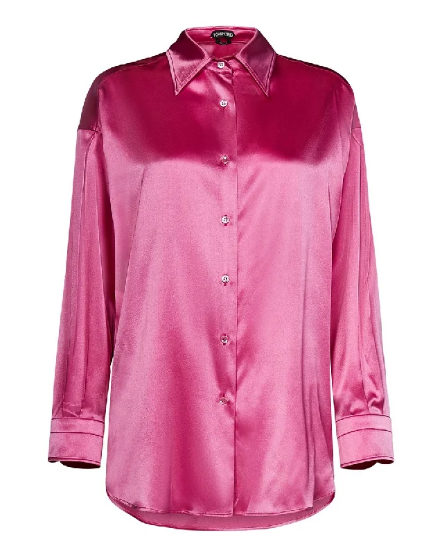 Tom Ford Womens Silk Blend Shirt In Pink-- Polka Dot Checkered Tartan