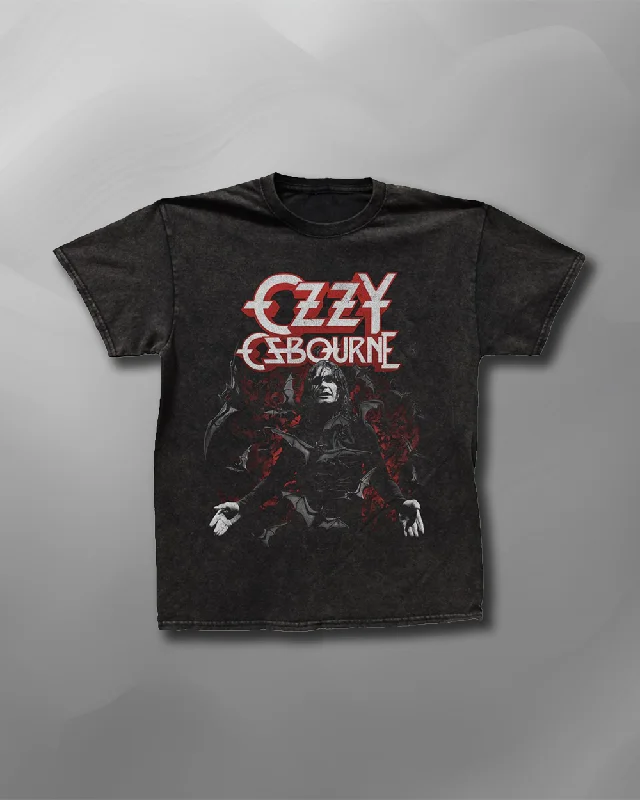 Ozzy Osbourne - Bats Vintage Wash T-Shirt-- Notch Collar Peter Pan Collar Cowl Neck