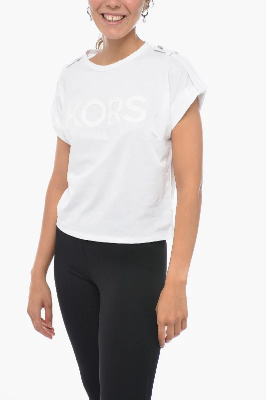 Michael Kors Ton-sur-ton Printed T-shirt with Buttoned Detail Xs Standard size-- Fitted T-Shirt Seamless Stretchy Michael Kors Ton-sur-ton Printed T-shirt with Buttoned Detail Xs Standard size-- Fitted T-Shirt Seamless Stretchy