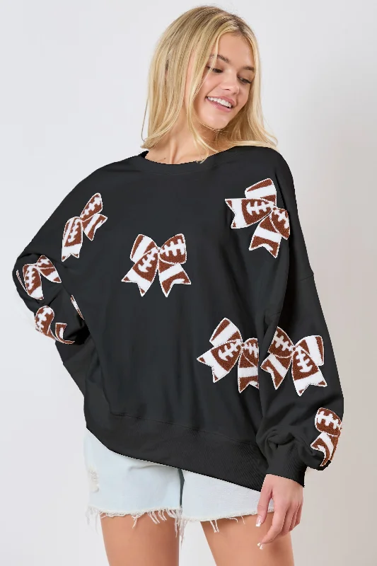 PE Football Bow Embellished Sweatshirt-- Hooded Caped Shawl Collar