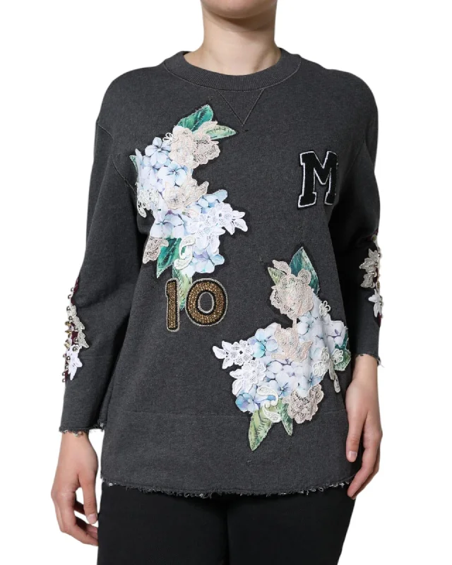 Dolce & Gabbana Women's Floral Embroidered Sweatshirt Gray-- Graphic T-Shirt Round Neck Polyester Dolce & Gabbana Women's Floral Embroidered Sweatshirt Gray-- Graphic T-Shirt Round Neck Polyester