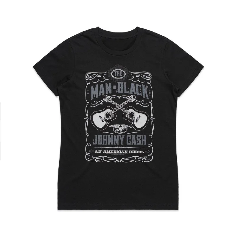 Johnny Cash - American Rebel - Womens Black T-shirt-- Polka Dot Checkered Tartan