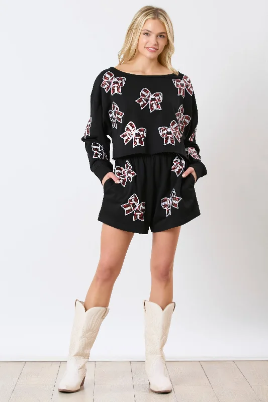 PE Sequin Bow Boat Neck Sweatshirt-- Front Pockets Side Pockets Patch Pockets