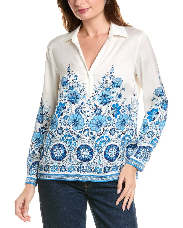 Elie Tahari Cascade Garden Silk-Blend Shirt-- V-Neck T-Shirt Long Sleeve Cotton