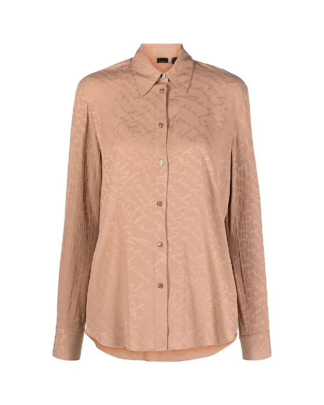 PINKO Jacquard Silk Shirt with All-Over Logo Design and Classic Collar-- Solid Print Embellished PINKO Jacquard Silk Shirt with All-Over Logo Design and Classic Collar-- Solid Print Embellished