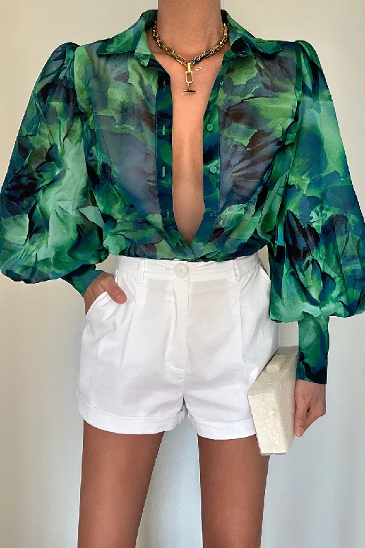 Calista Shirt - Green Floral-- Spandex Blend Rayon Blend Denim Blend