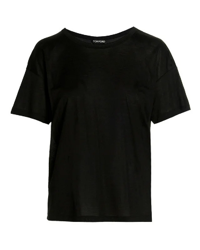 Tom Ford Womens Silk T-Shirt In Black-- Notch Collar Peter Pan Collar Cowl Neck
