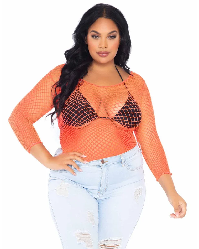 80s Coral Spandex Long Sleeved Net Plus Size Womens Shirt-- Handmade Hand-knitted Hand-woven 80s Coral Spandex Long Sleeved Net Plus Size Womens Shirt-- Handmade Hand-knitted Hand-woven
