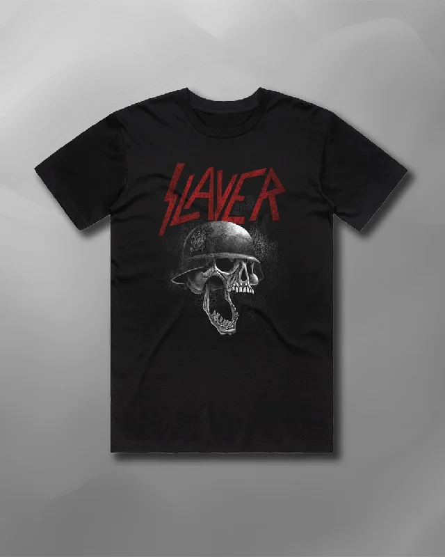 Slayer - Skull Helmet T-Shirt-- Denim Fabric Leather Fabric Suede Fabric