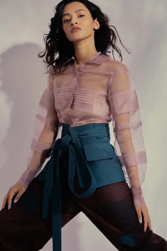 Dust Pink Pleated Shirt-- Ribbed Striped Patterned