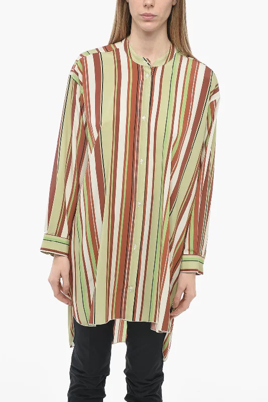 Mr. Mrs. Shirt Bayadere Patterned Silk Blend Shirt with Mandarin Collar S Standard size-- Welt Pockets Slit Pockets Mr. Mrs. Shirt Bayadere Patterned Silk Blend Shirt with Mandarin Collar S Standard size-- Welt Pockets Slit Pockets