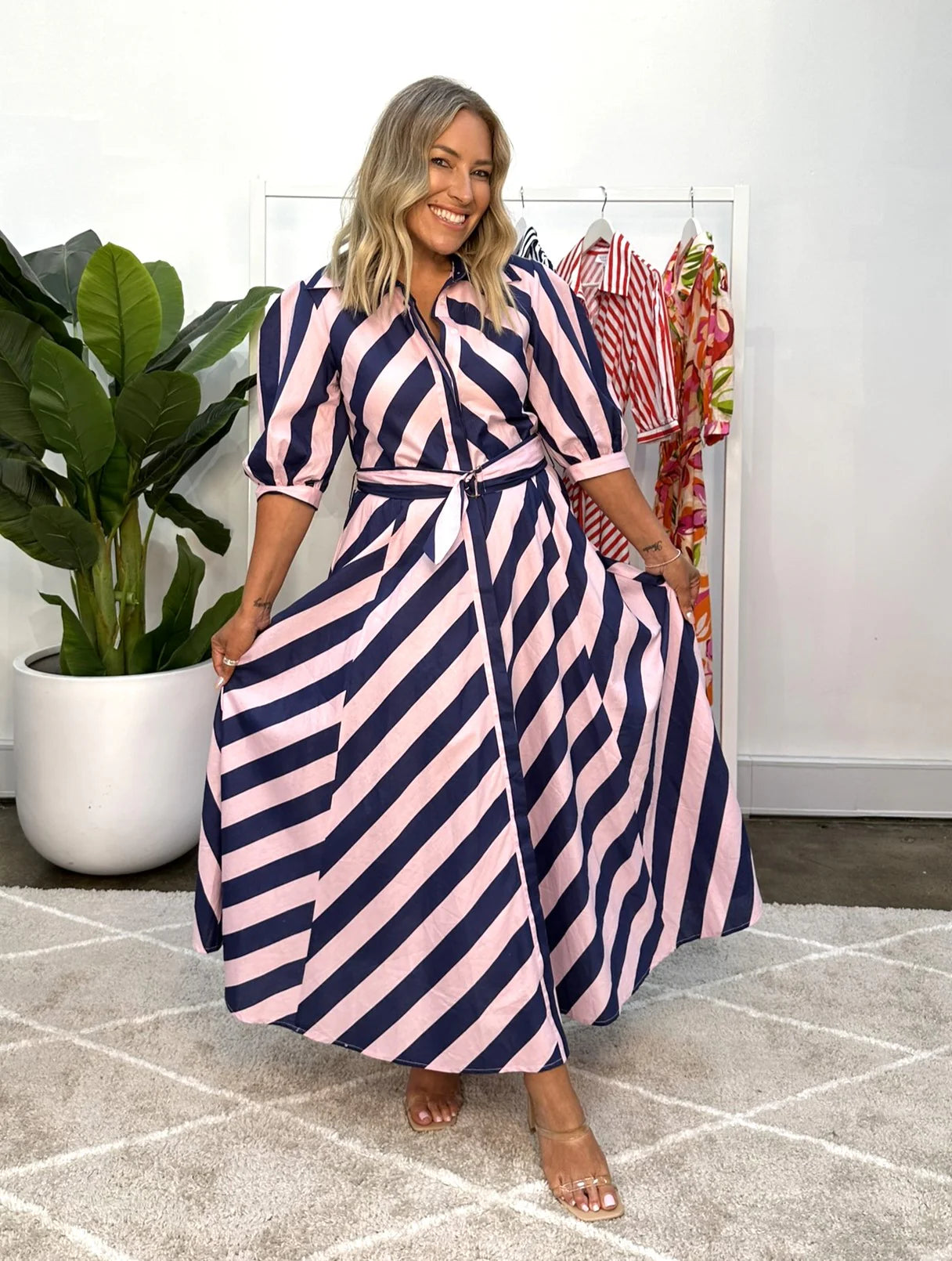 BIANCA DRESS - NAVY/PINK STRIPE Tunics Satin smooth