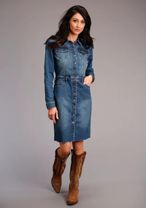 Stetson Womens Button Placket Denim Cotton Blend L/S Dress Tunics Spring floral