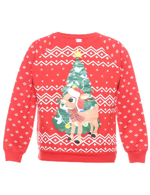 Christmas Tree Print Sweatshirt - XS Hoodie with Zipper Placket Modern Functional