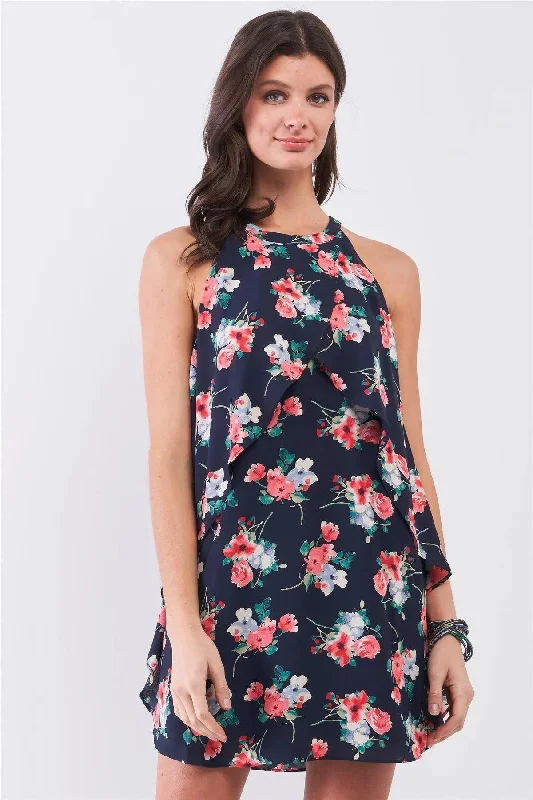 Navy Multi Floral Print Sleeveless High Neck Layered Front Detail Flounce Mini Dress Tunics Stylish modern Navy Multi Floral Print Sleeveless High Neck Layered Front Detail Flounce Mini Dress Tunics Stylish modern