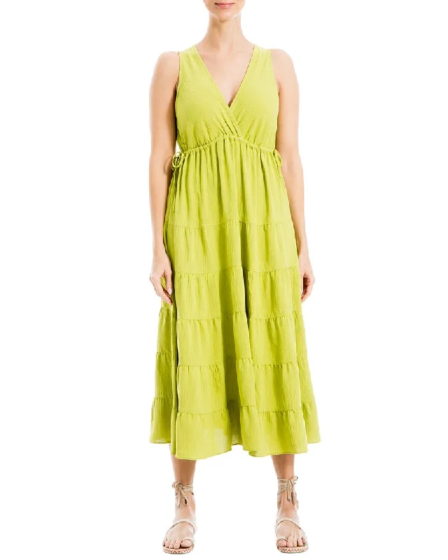 Max Studio V-Neck Tiered Maxi Dress Tunics Satin smooth