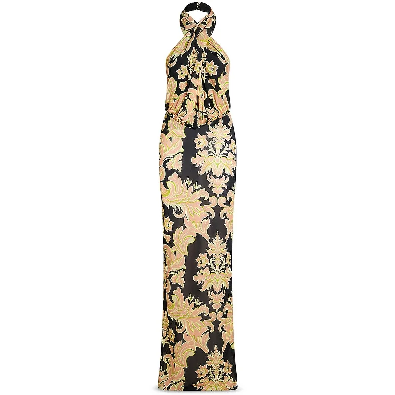 Womens Printed Open Back Halter Dress Tunics Silk luxurious