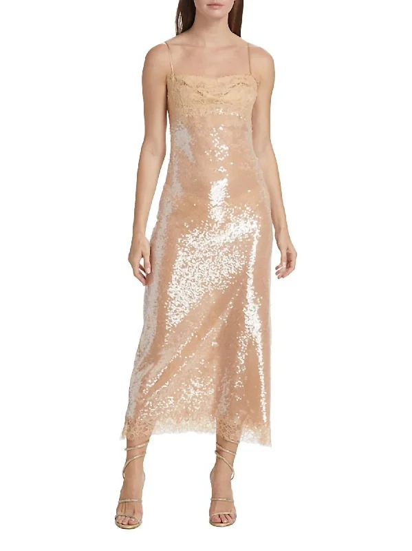 Valentina Lace Trim Sequin Midi Slip Dress In Ginger Root Turtleneck Neckline Stylish Valentina Lace Trim Sequin Midi Slip Dress In Ginger Root Turtleneck Neckline Stylish