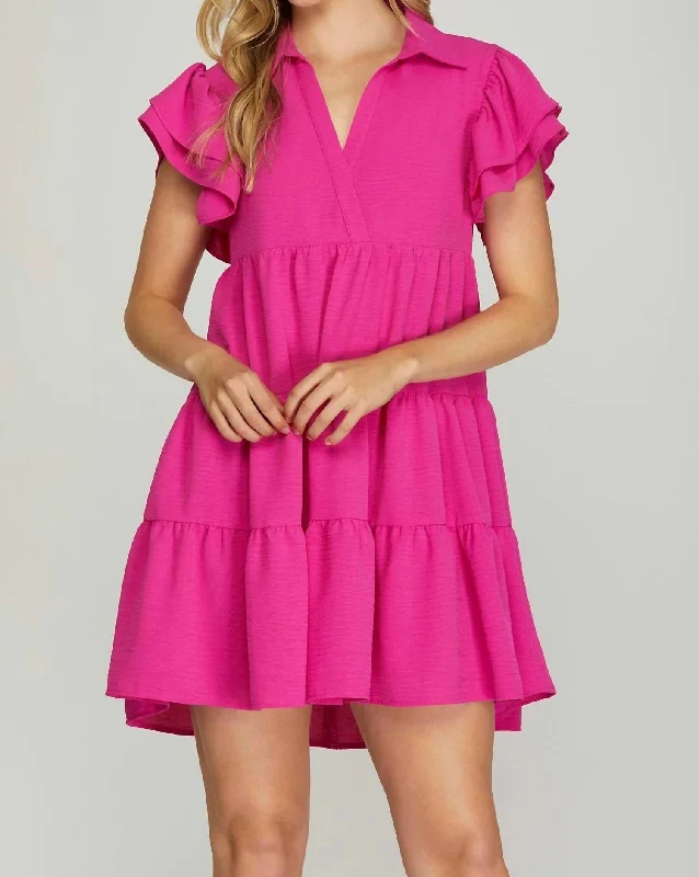Flutter Sleeve Collared Tiered V-Neck Dress In Hot Pink Tunics Canvas sturdy
