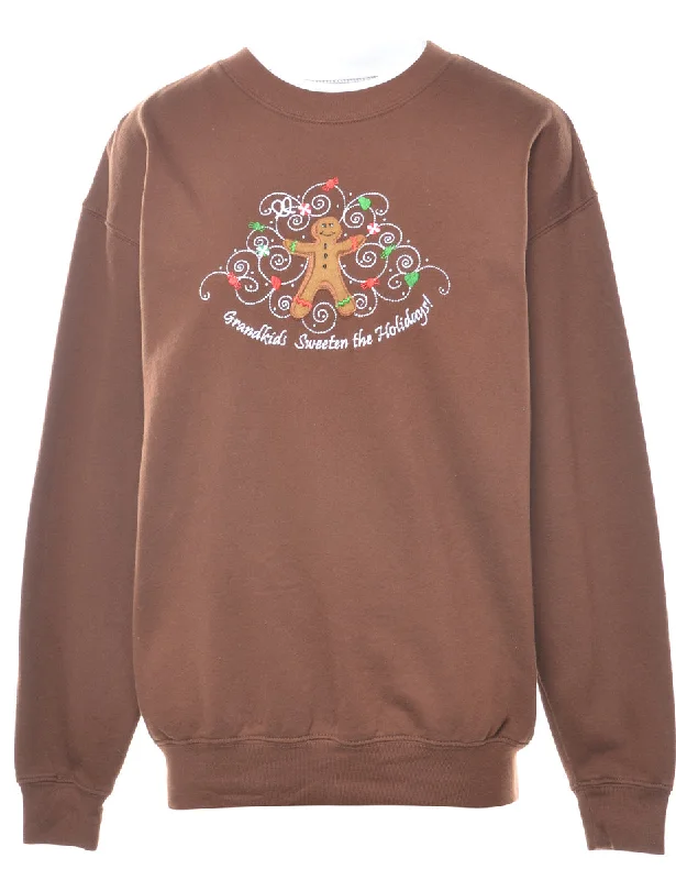 Brown Christmas Sweatshirt - L Hoodie with Elastic Waist Stretchable Comfortable