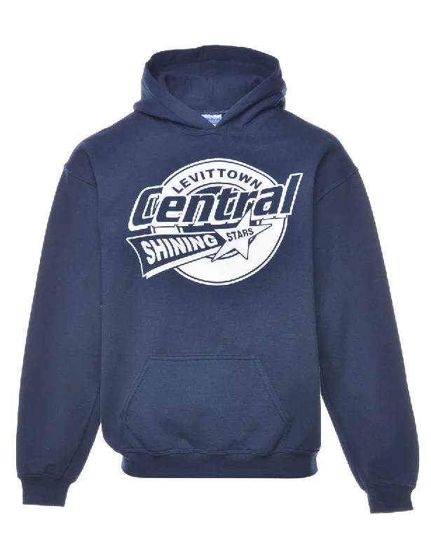 Navy Central Printed Hoodie - S Hoodie with Side Slits Relaxed Casual